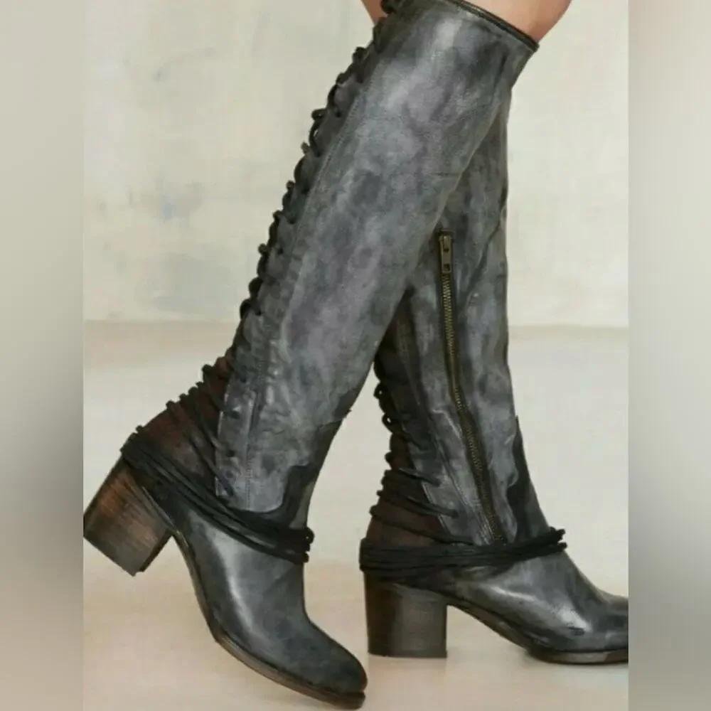 FREEBIRD Coal Black Size 9 M Distressed Lace Up Boho Equestrian Riding Boots